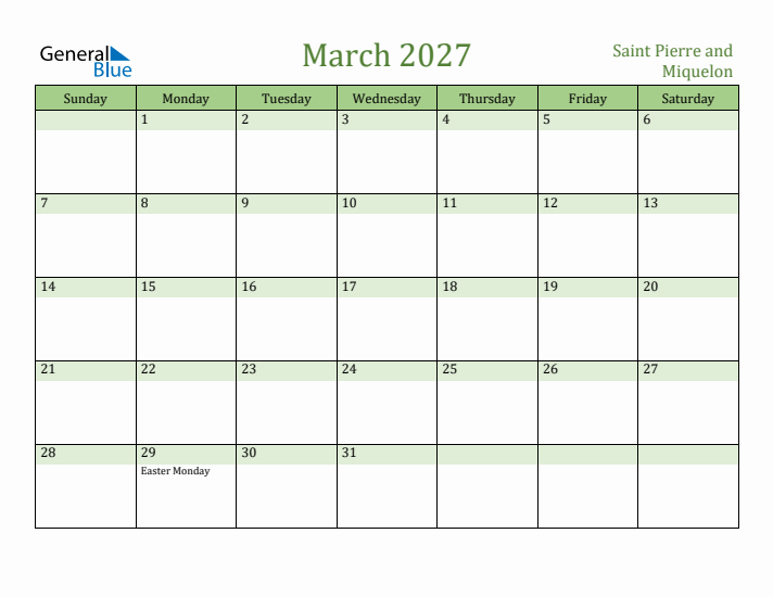 March 2027 Calendar with Saint Pierre and Miquelon Holidays