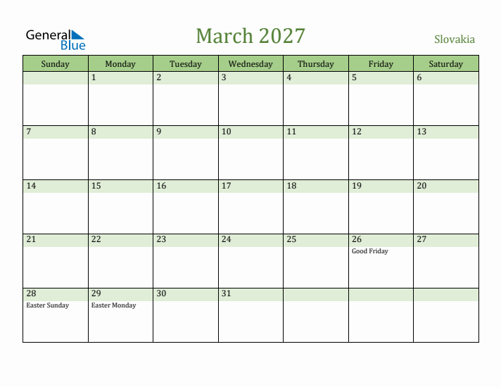 March 2027 Calendar with Slovakia Holidays