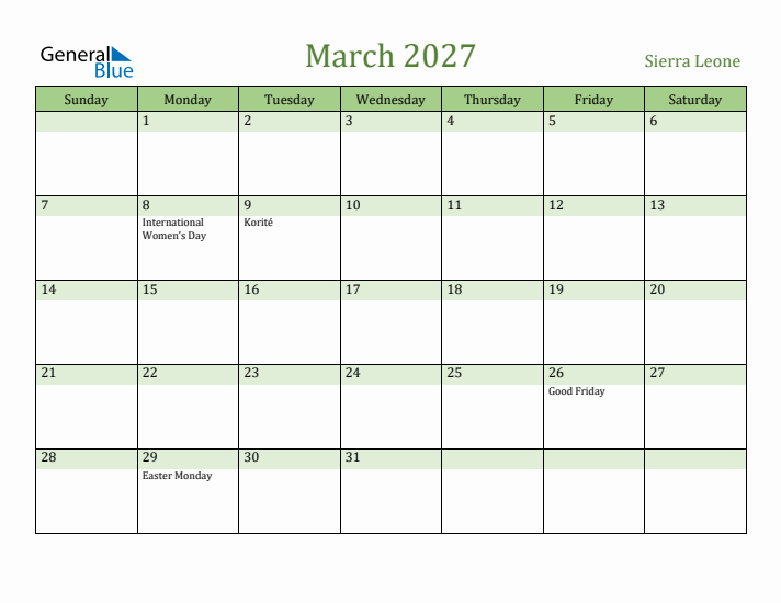 March 2027 Calendar with Sierra Leone Holidays