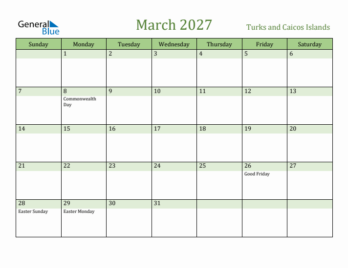 March 2027 Calendar with Turks and Caicos Islands Holidays