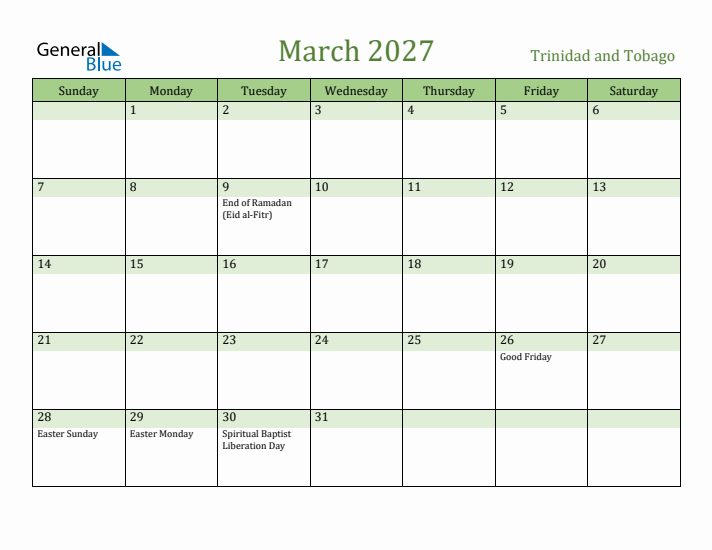 March 2027 Calendar with Trinidad and Tobago Holidays