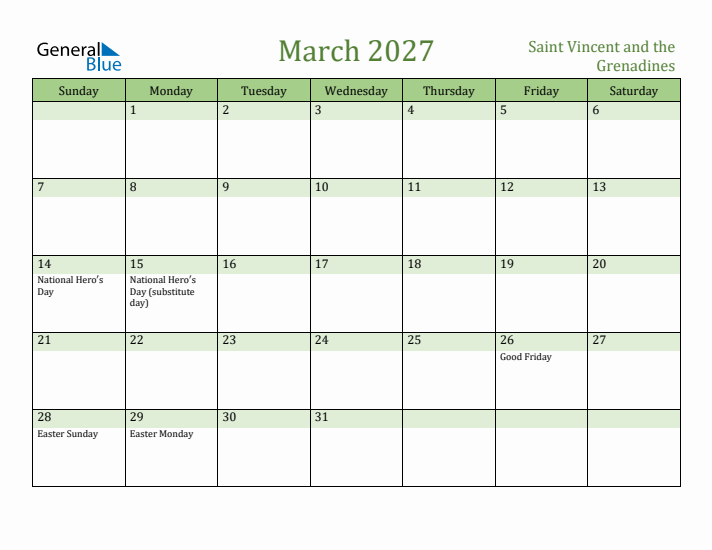 March 2027 Calendar with Saint Vincent and the Grenadines Holidays