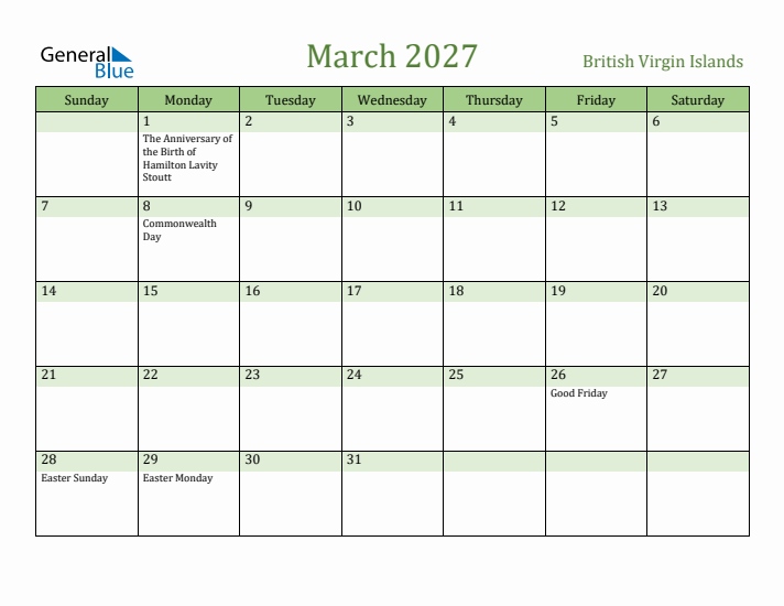 March 2027 Calendar with British Virgin Islands Holidays