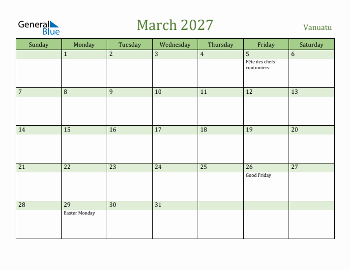 March 2027 Calendar with Vanuatu Holidays