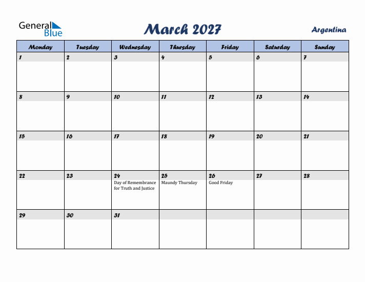 March 2027 Calendar with Holidays in Argentina