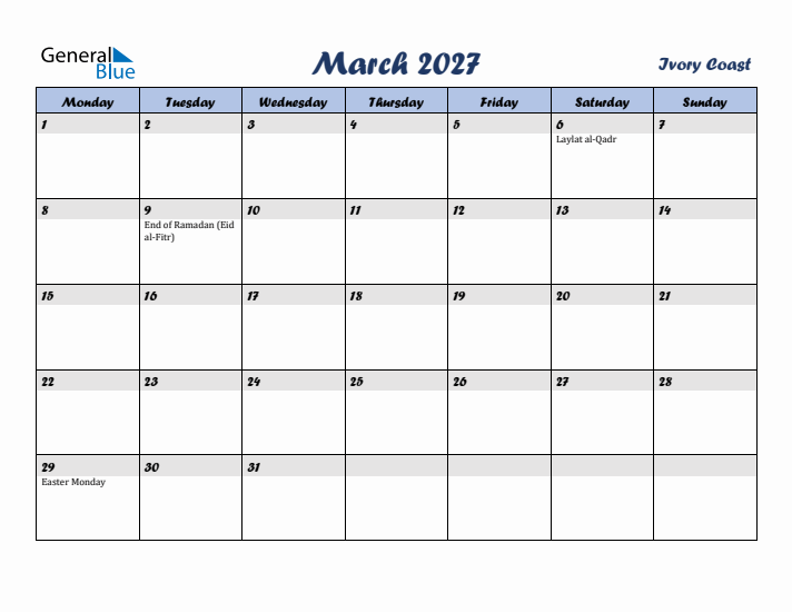 March 2027 Calendar with Holidays in Ivory Coast