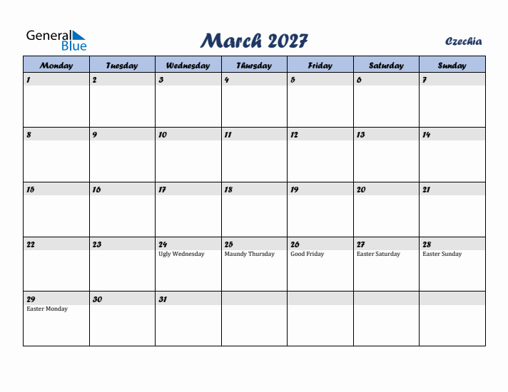 March 2027 Calendar with Holidays in Czechia