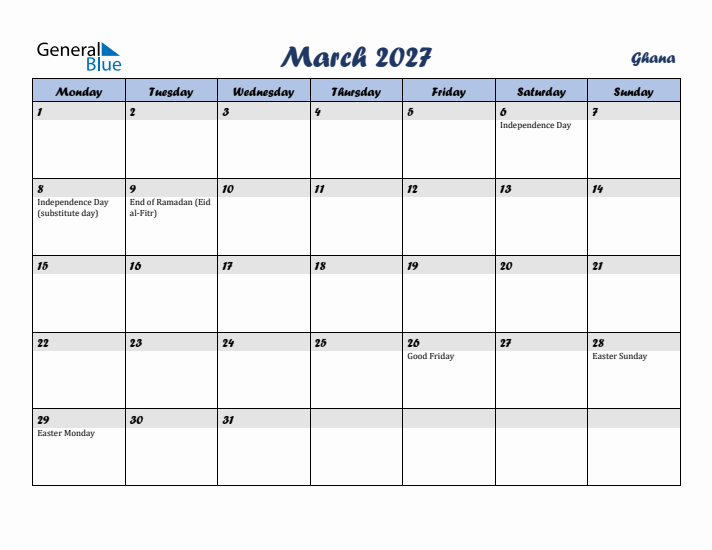 March 2027 Calendar with Holidays in Ghana