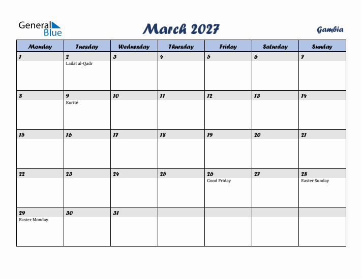 March 2027 Calendar with Holidays in Gambia