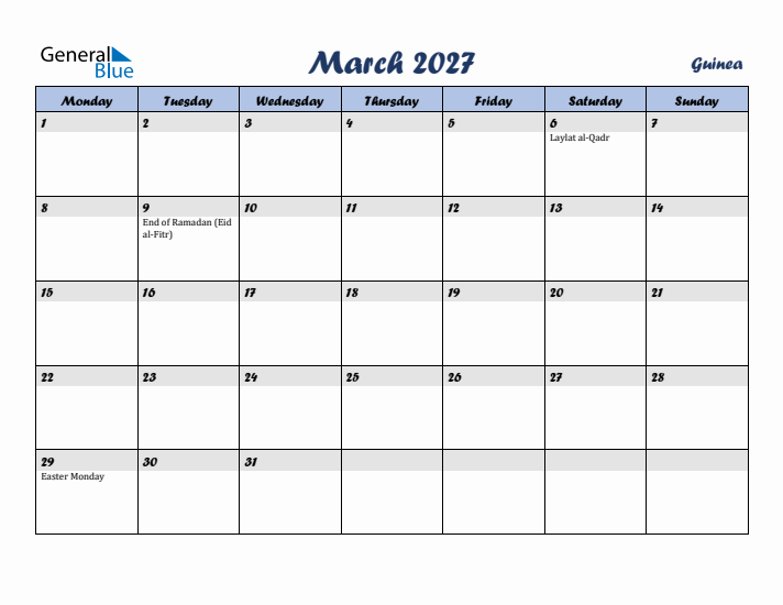 March 2027 Calendar with Holidays in Guinea