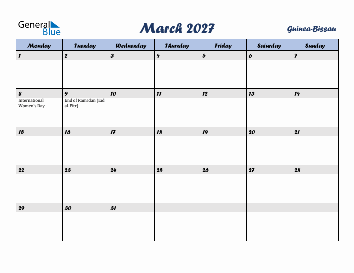 March 2027 Calendar with Holidays in Guinea-Bissau