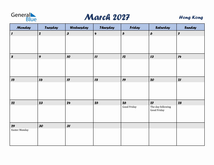 March 2027 Calendar with Holidays in Hong Kong