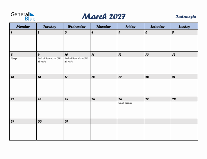 March 2027 Calendar with Holidays in Indonesia