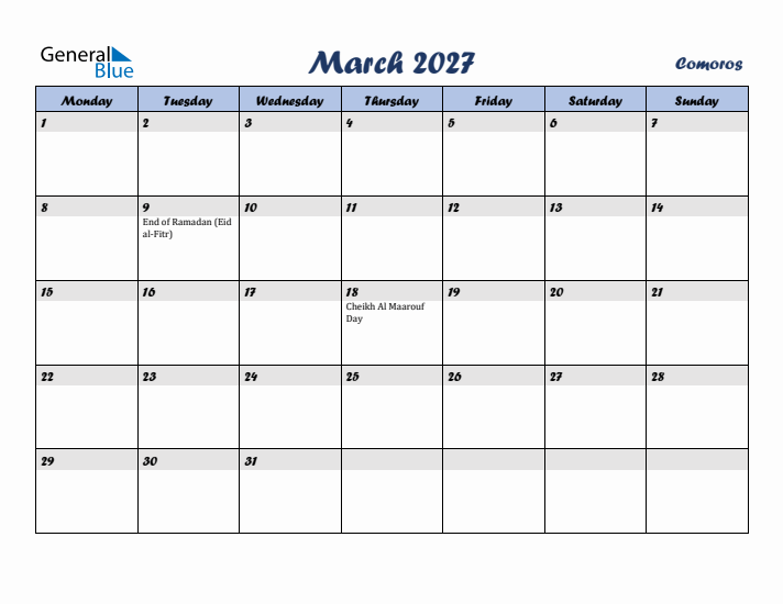 March 2027 Calendar with Holidays in Comoros