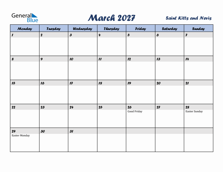 March 2027 Calendar with Holidays in Saint Kitts and Nevis