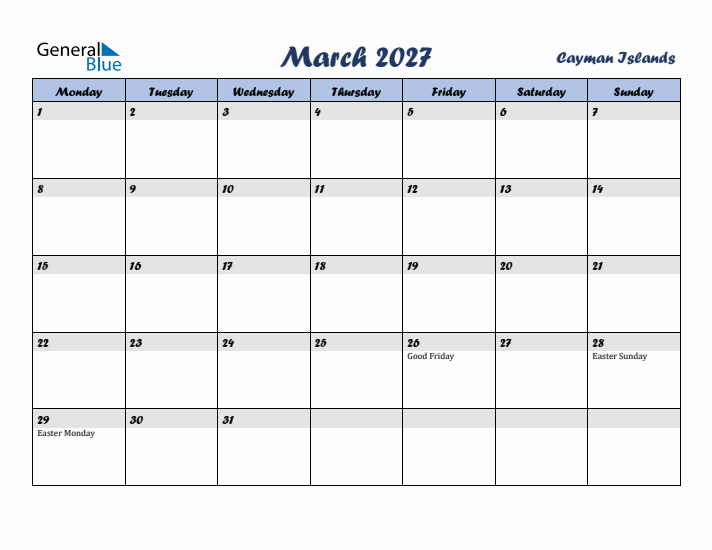 March 2027 Calendar with Holidays in Cayman Islands