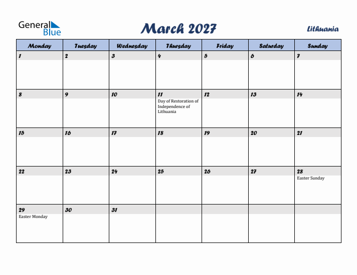 March 2027 Calendar with Holidays in Lithuania