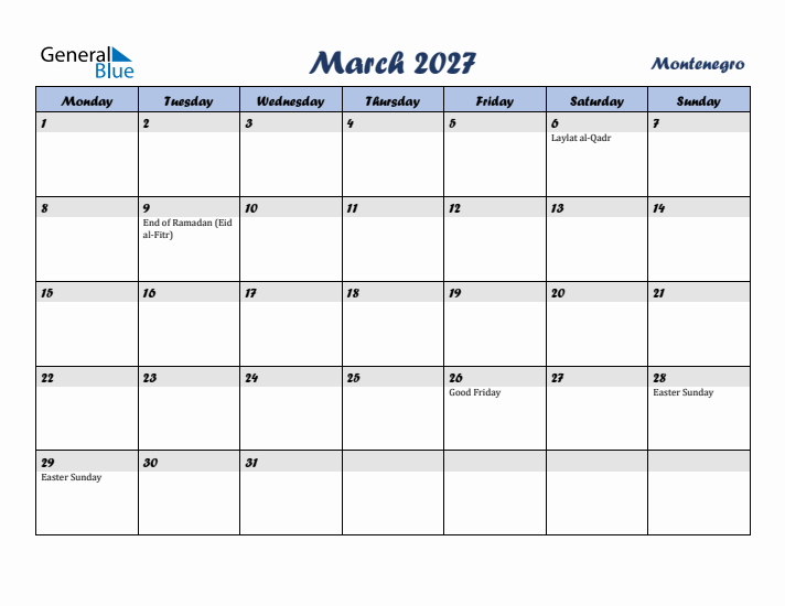 March 2027 Calendar with Holidays in Montenegro