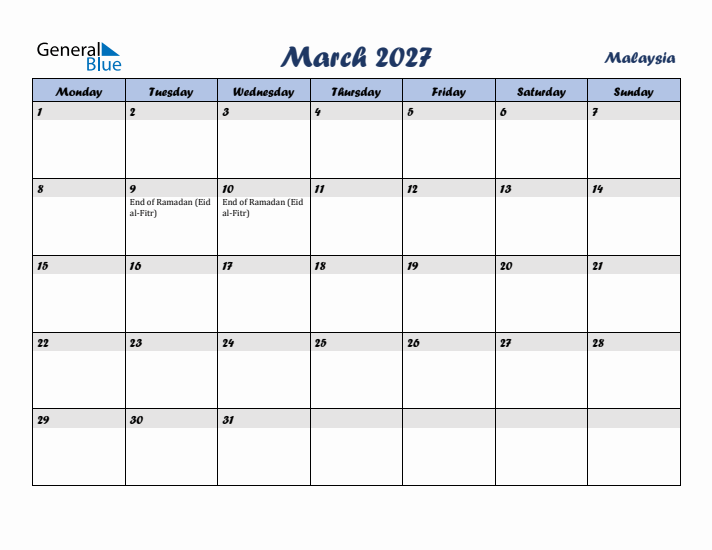 March 2027 Calendar with Holidays in Malaysia