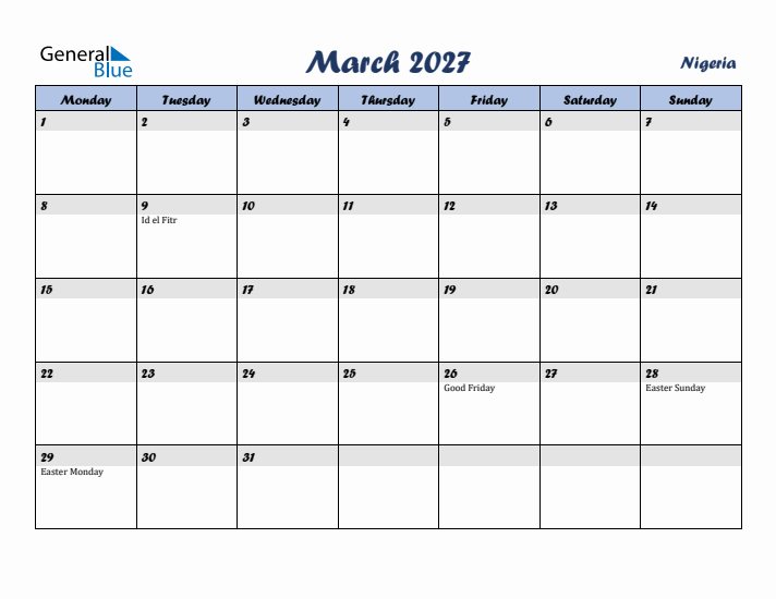 March 2027 Calendar with Holidays in Nigeria