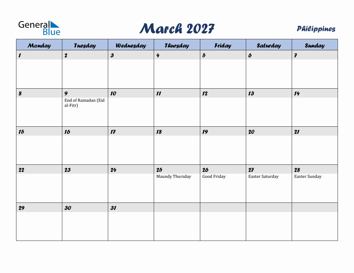 March 2027 Monthly Calendar Template with Holidays for Philippines