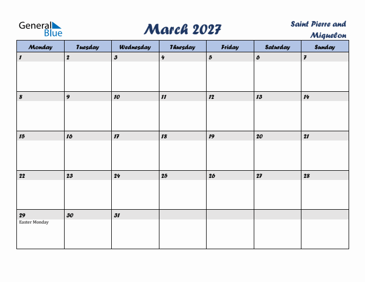 March 2027 Calendar with Holidays in Saint Pierre and Miquelon