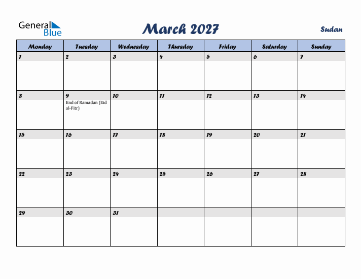 March 2027 Calendar with Holidays in Sudan