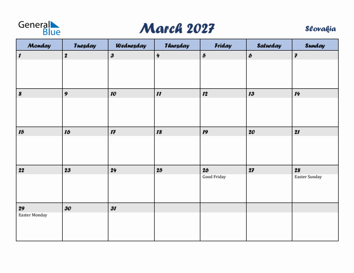 March 2027 Calendar with Holidays in Slovakia
