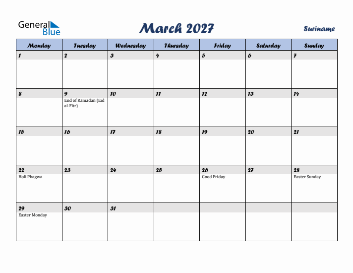 March 2027 Calendar with Holidays in Suriname
