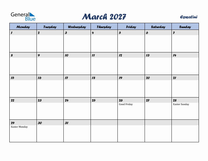 March 2027 Calendar with Holidays in Eswatini