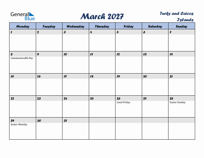 March 2027 Calendar with Holidays in Turks and Caicos Islands