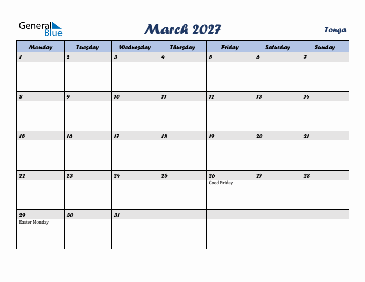 March 2027 Calendar with Holidays in Tonga