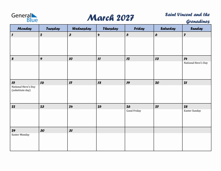 March 2027 Calendar with Holidays in Saint Vincent and the Grenadines