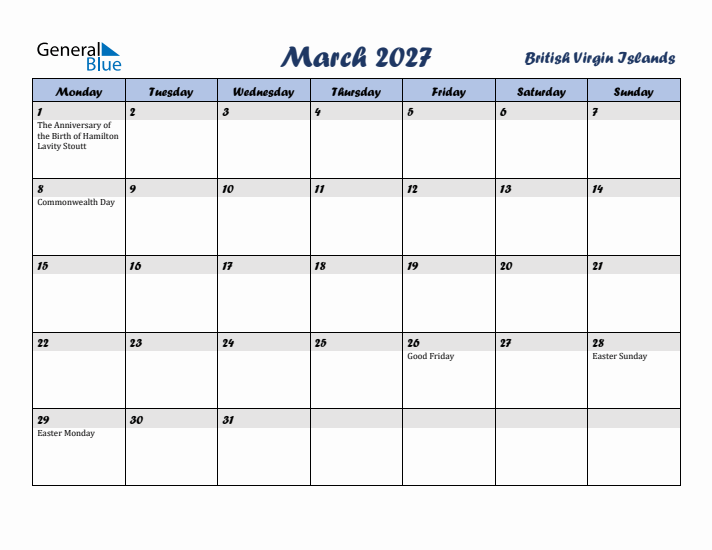 March 2027 Calendar with Holidays in British Virgin Islands