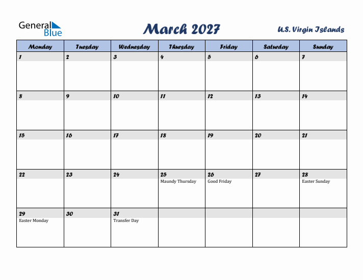 March 2027 Calendar with Holidays in U.S. Virgin Islands