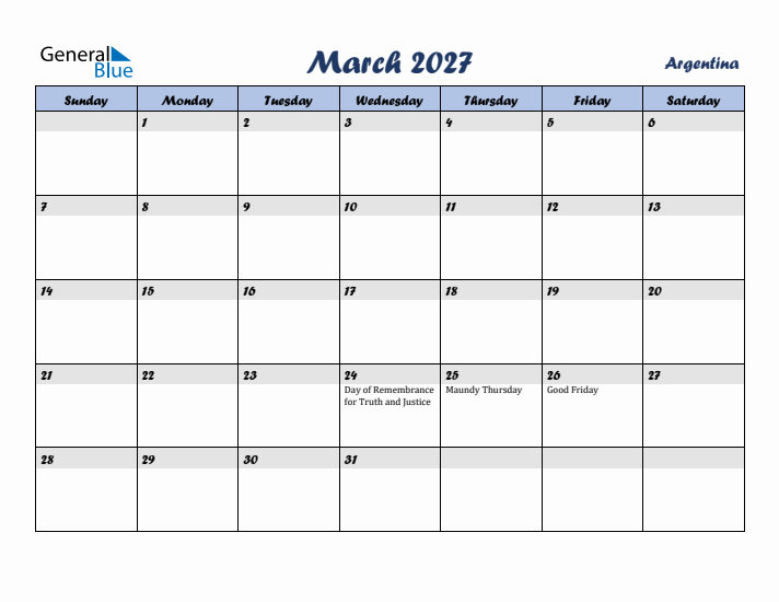 March 2027 Calendar with Holidays in Argentina