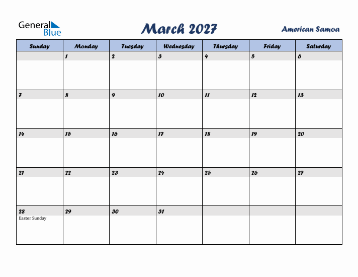 March 2027 Calendar with Holidays in American Samoa