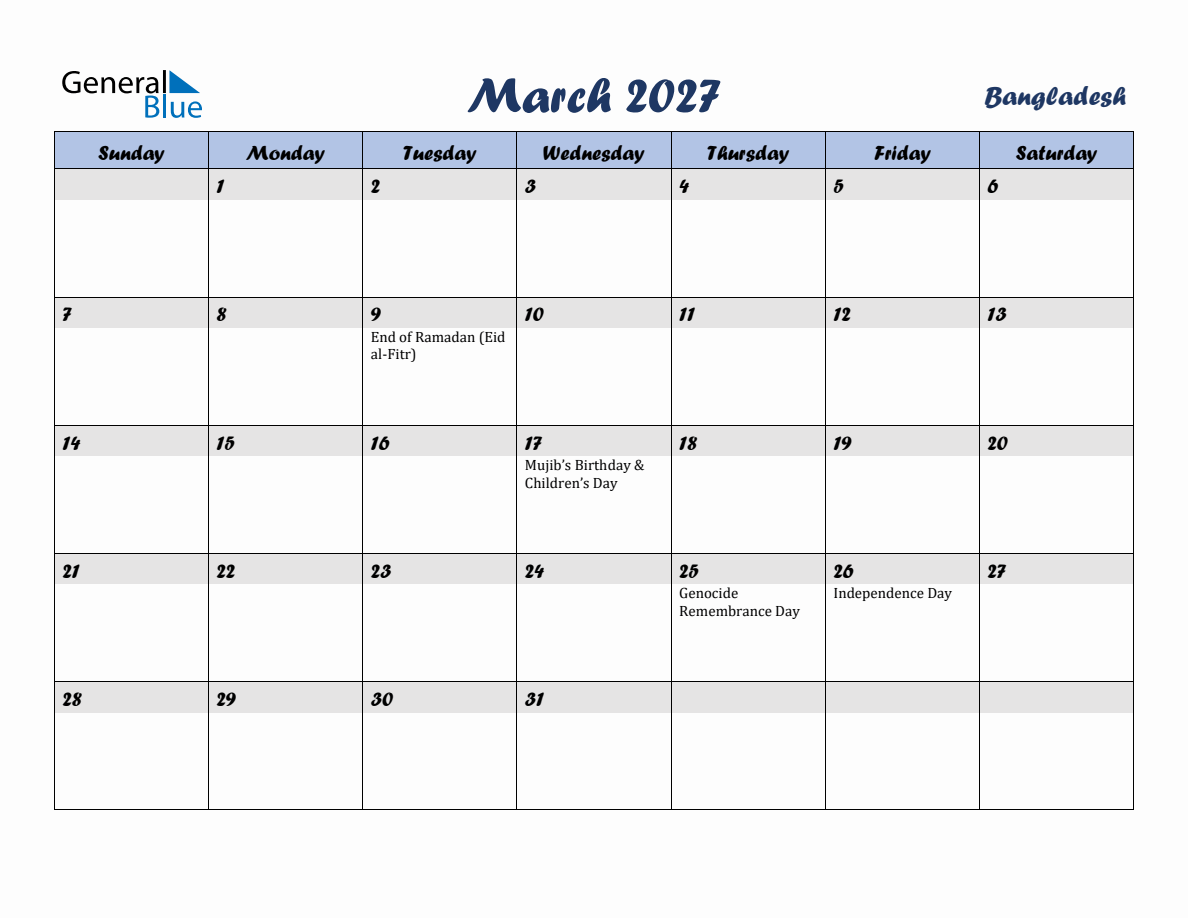 March 2027 Monthly Calendar Template with Holidays for Bangladesh