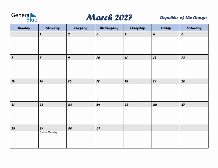 March 2027 Calendar with Holidays in Republic of the Congo