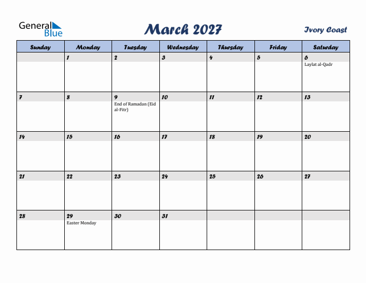 March 2027 Calendar with Holidays in Ivory Coast