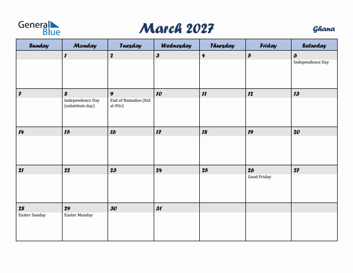 March 2027 Calendar with Holidays in Ghana