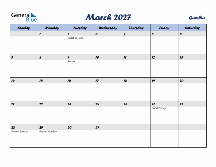 March 2027 Calendar with Holidays in Gambia