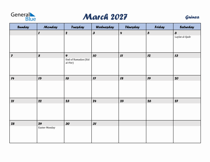 March 2027 Calendar with Holidays in Guinea