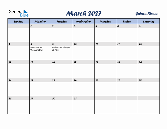 March 2027 Calendar with Holidays in Guinea-Bissau