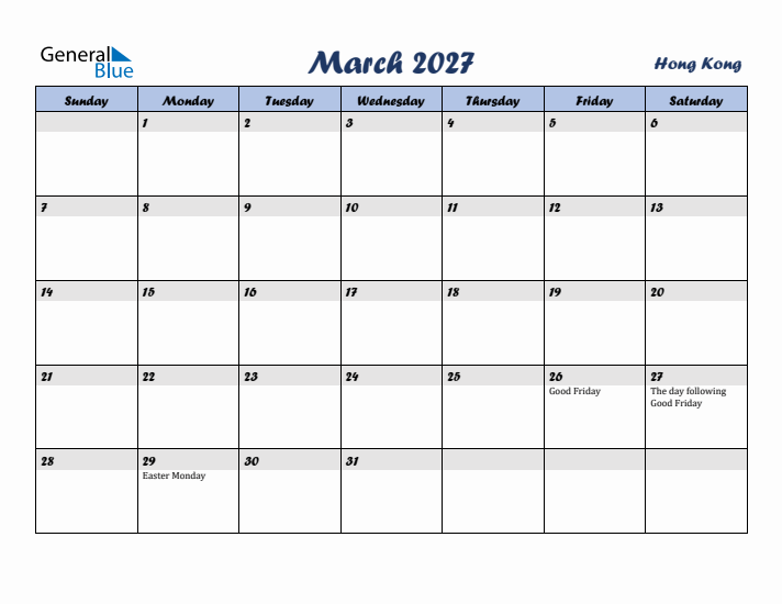 March 2027 Calendar with Holidays in Hong Kong
