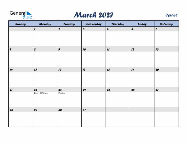 March 2027 Calendar with Holidays in Israel