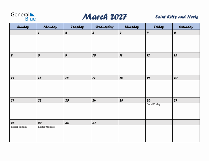 March 2027 Calendar with Holidays in Saint Kitts and Nevis
