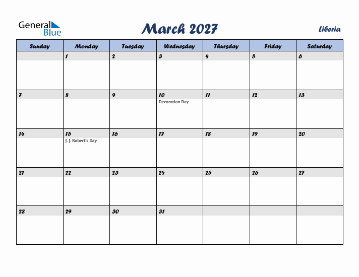 March 2027 Calendar with Holidays in Liberia