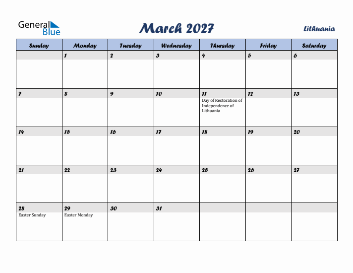 March 2027 Calendar with Holidays in Lithuania