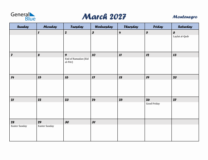 March 2027 Calendar with Holidays in Montenegro